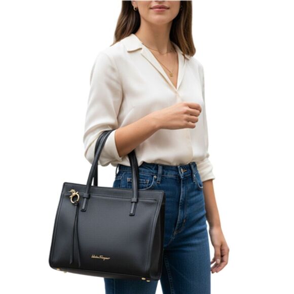 Salvadore Ferragamo Black Leather Tote Bag - Picture 1 of 17